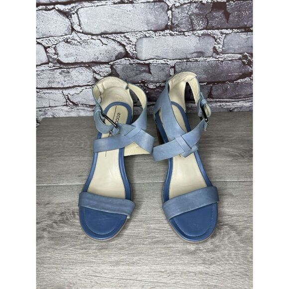 ECCO DANISH DESIGN Blue Leather Ankle Strappy Stacked Heel Sandals Women Sz 40EU - Picture 4 of 16